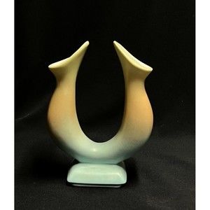 Vtg MCM Dryden Arkansas Ceramic Pottery 8" Tri-tone Double Horn Wedding Vase